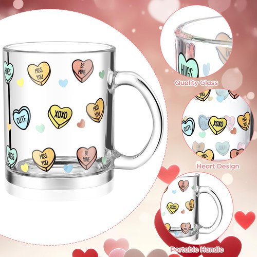 Maxcheck 6 Pack 12 oz Valentines Day Heart Glass Coffee Mugs with Handle Heart Glasses Cups Love Drinking Glasses for Valentine's Day Party Supplies Gifts