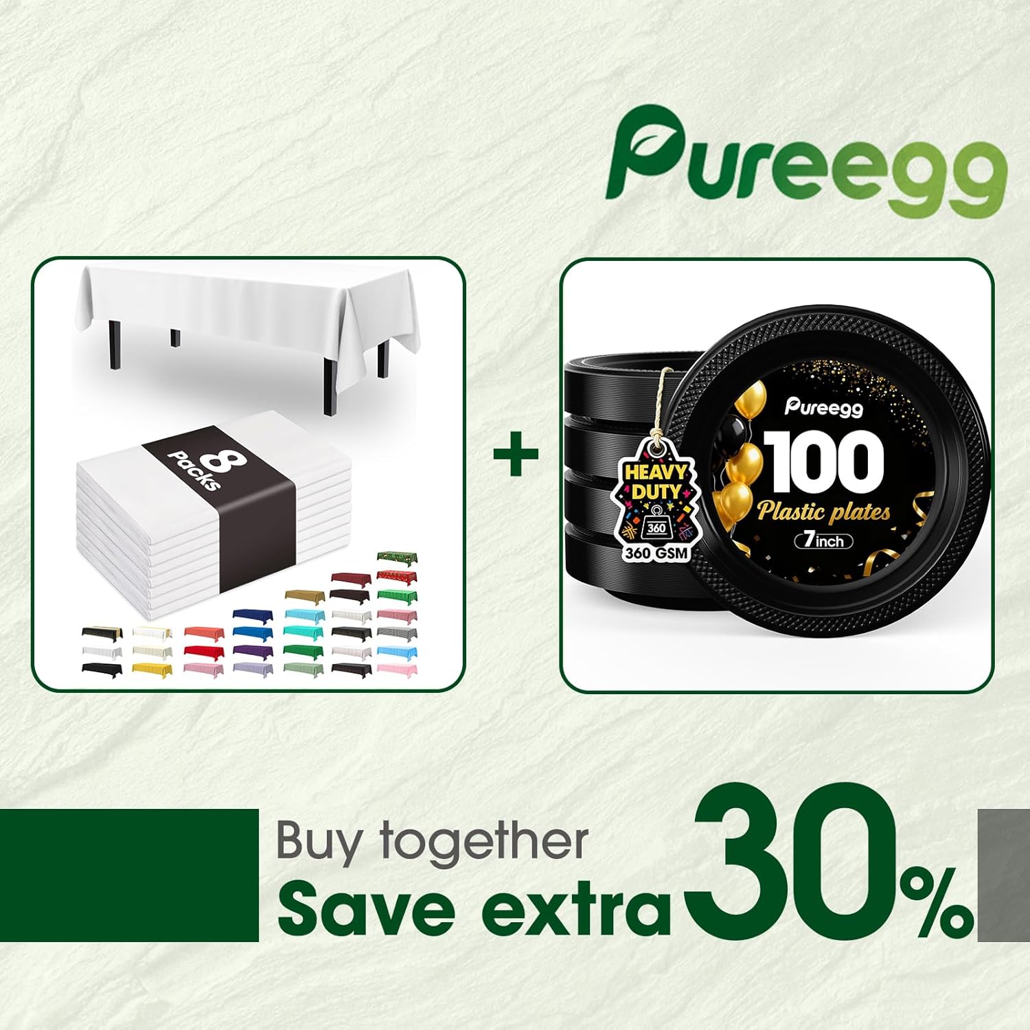 Pureegg 8-Pack White Disposable Tablecloths & 100 Heavy-Duty Black Plates | BPA-Free, Leakproof, 54x108 Inch