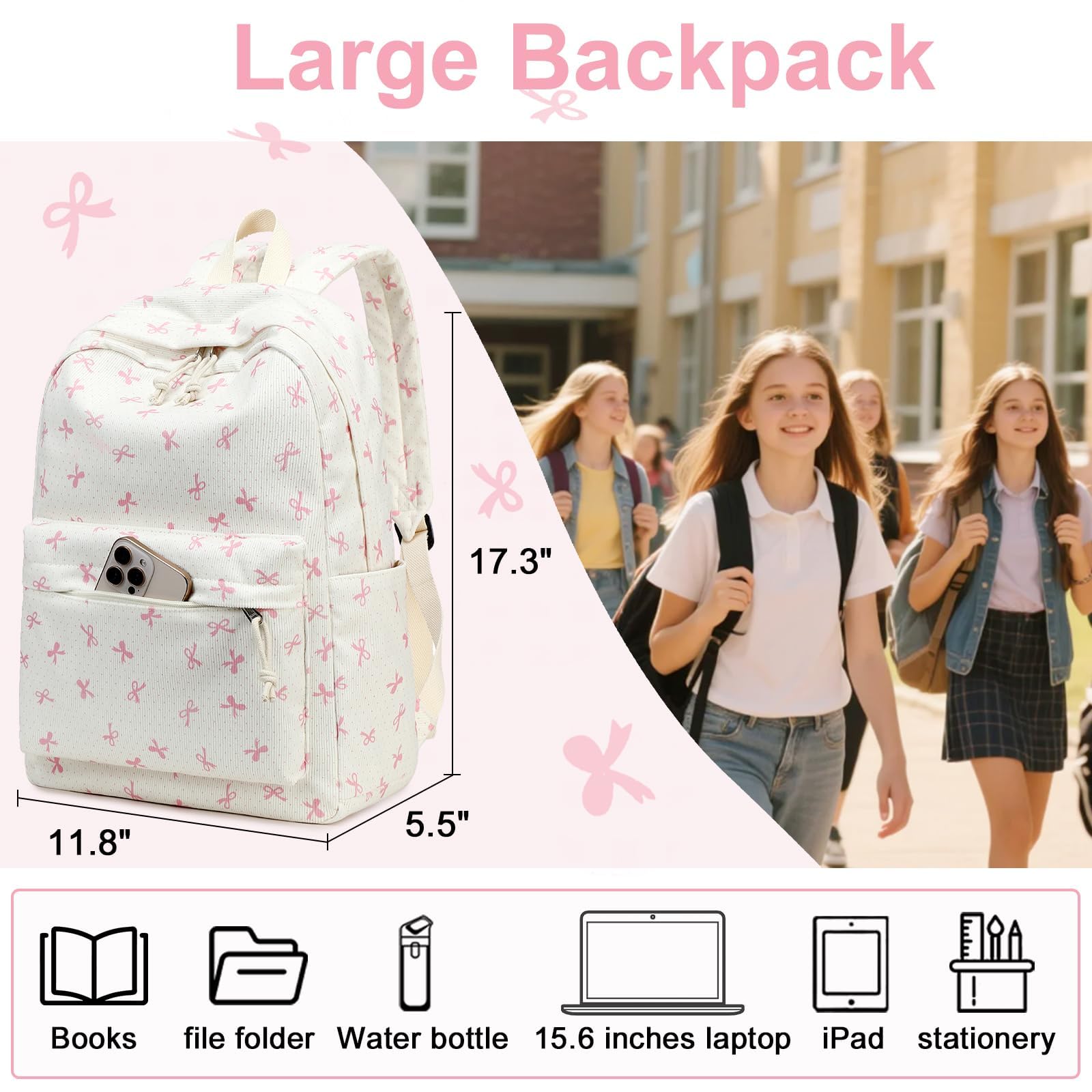 LEDAOU Backpack for Girls, 17" Kids Backpack for Girls Age 8-15, Corduroy Elementary Middle School Women Laptop Backpacks