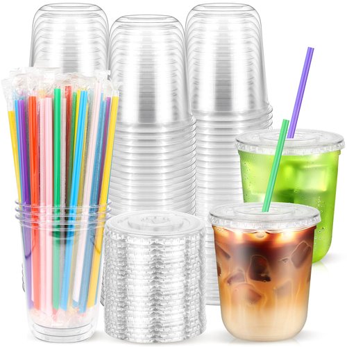 Etersky 50 Pack 12 oz Clear Cups with Flat Lids and Straws, Disposable To Go Iced Coffee Cups, Plastic Cold Drink Smoothie Party Cups for Home, Office, Daily Use
