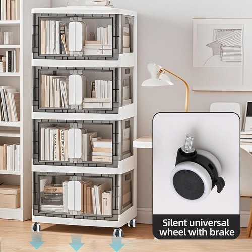 Folding Storage Organizer - Heavy-Duty Plastic Bin with Silent Casters | Stackable Design, 3 Sizes (19.5/23.5/27.5in), Black/White