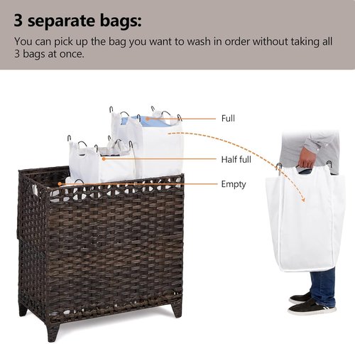 Handwoven Rattan Laundry Hamper by [Brand Name] - 132L Capacity with 3 Removable Liner Bags & Lid | Brown