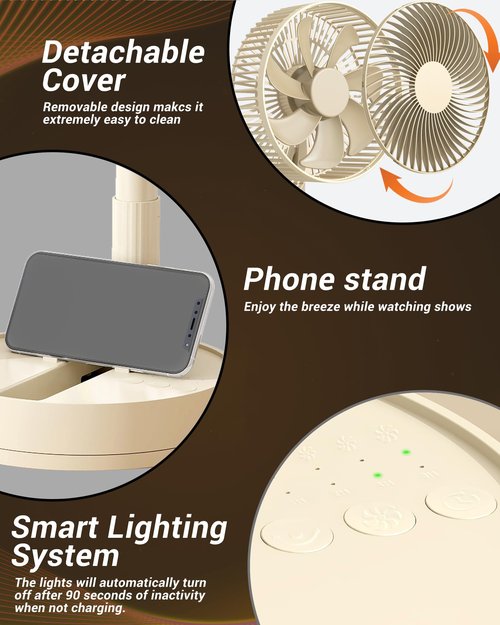 KASYDoFF Portable Fan, 8'' Oscillating Desk Fan, 5400mAh Rechargeable Small Fan for Bedroom, 4 Speeds＆8H Timer Battery Powered Travel Fans for Outdoor, Khaki