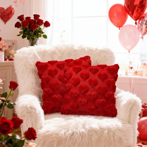 Valentines Day Pillow Covers 18x18 Inch, Red Heart Love Pillows Cover Valentine Decorations for the Home, Faux Fur Plush Throw Pillows Cover for Couch, Gift for Girlfriend Lover Mother, Set of 2