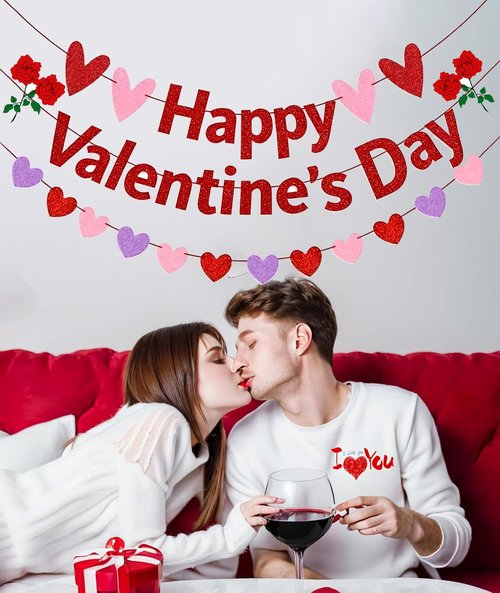 Pre-Strung Happy Valentine's Day Banner, Glitter Valentines Day Bunting Sign Decorations with Red Pink Purple Heart Garland for Indoor Home Wedding Engagement Anniversary Party Photo Backdrop Decor