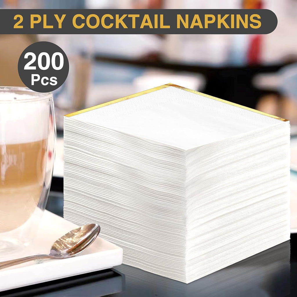 Regine Switzerland Cocktail Napkins - 200 Pcs 2-Ply White with Gold Trim | Elegant Disposable Beverage Napkins for Weddings & Events