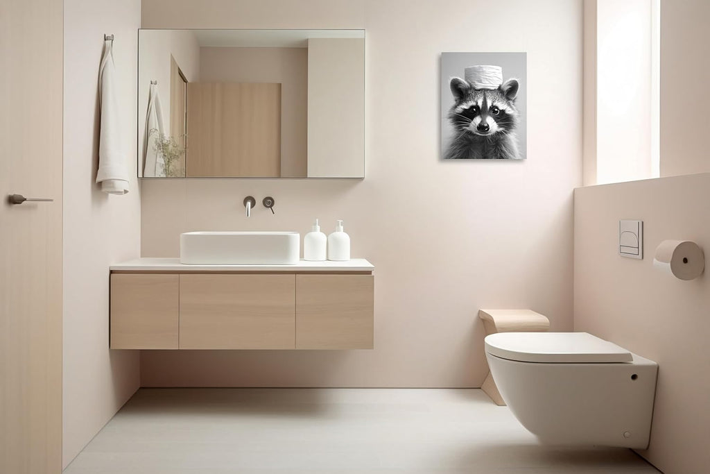 Raccoon Bathroom Wall Art - Funny Animal Canvas Print | Black and White Toilet Decor 8x10 Inch