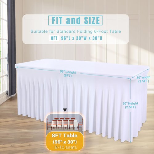 2 Packs White Tableclothes for 8 Foot Rectangle Tables, Wrinkle Resistant Fitted Table Cloth Stretch Spandex Table Covers with Skirt for Event Banquet Wedding Birthday Party