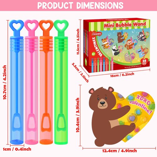 LEASEN Valentines Day Gifts for Kids, 28 Pack Mini Bubble Wands with Greeting Cards Valentines Animal Themes for Kids, Valentine's Day Classroom Exchange Gifts School Prizes Party Favor