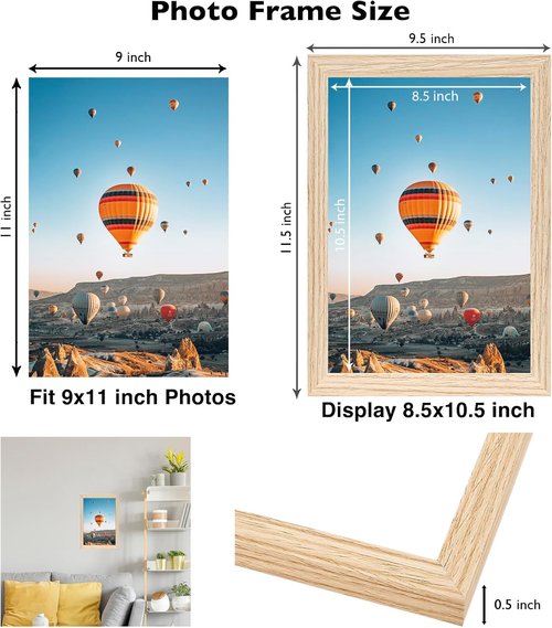 JCJMY 9x11 Picture Frame - Versatile Wall & Tabletop Display | Shatter-Resistant Plexiglass, Natural Finish