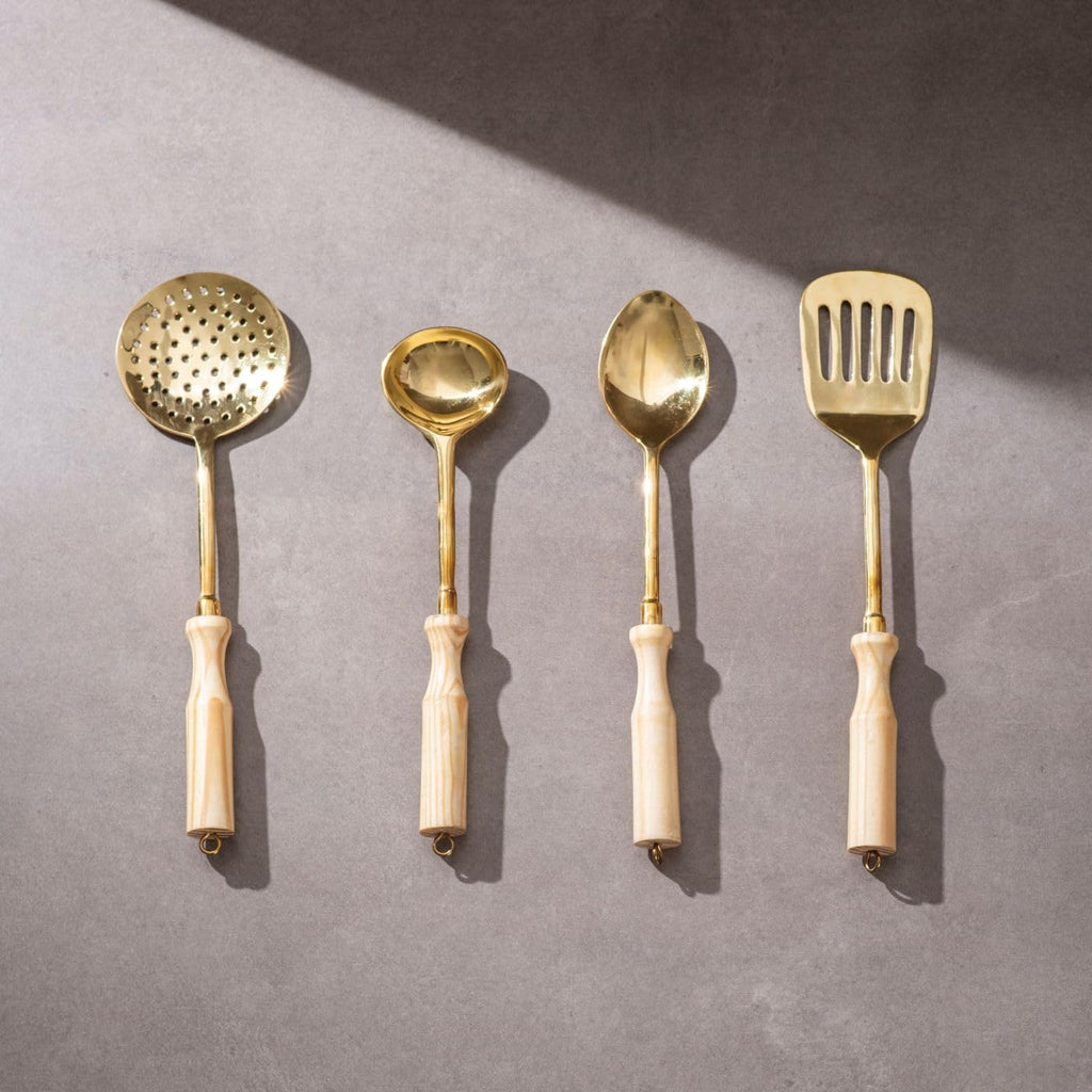 P-TAL Brass Ladle Set for Kitchen Ptal Brass Utensils Serving and Kitchen Tools Scoop Ladle Skimmer Serving Spoon Spatula Set of 4, 7 in,