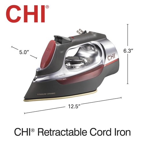 CHI Steam Iron for Clothes with 8’ Retractable Cord, 1700 Watts, 3-Way Auto Shutoff, 400+ Holes, Professional Grade, Temperature Control Dial, Titanium Infused Ceramic Soleplate, Silver (13106)