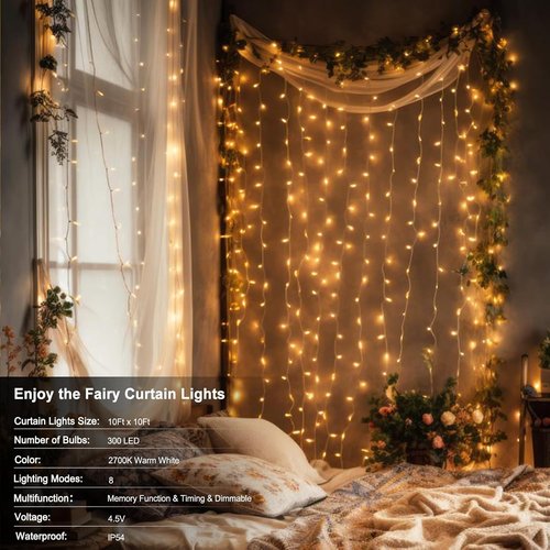 Echosari 300 LED Curtain Lights - Battery Operated Fairy Lights with Remote Timer | 9.8ft x 9.8ft Warm White for Bedroom, Patio, Wedding Décor