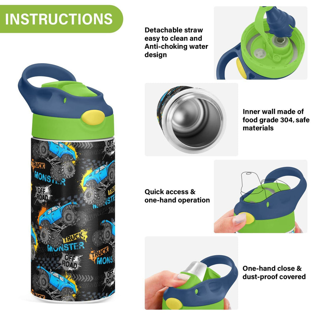 Monster Truck Tires Insulated Stainless Steel Water Bottle for Kids Toddlers Steel Cup with Straw & Handle Kids Cups for Boys Girls School Office Travel Sports Gym