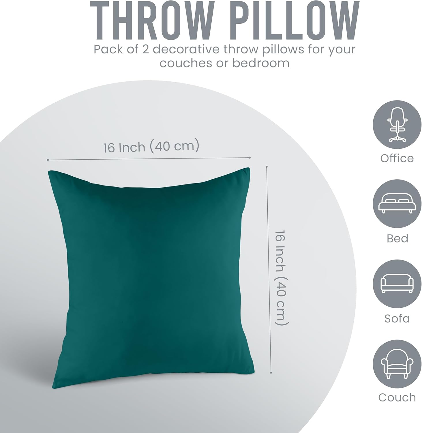 Utopia Bedding 16x16 Pillow Inserts - Set of 2 Dark Teal Decorative Cushions for Sofa & Bed - Soft & Fluffy