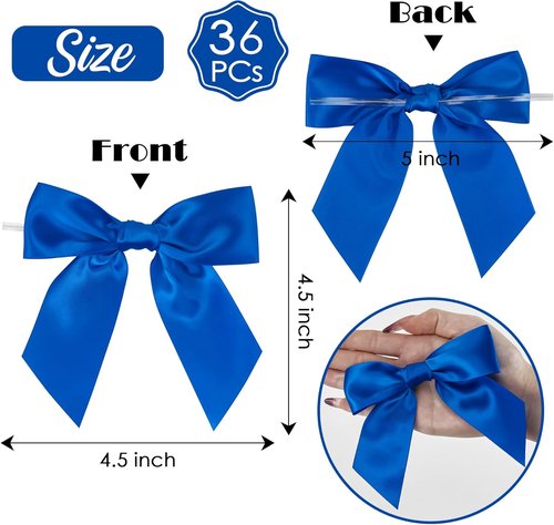 AIMUDI Royal Blue Satin Twist Tie Bows - Pre-Tied Gift Wrapping & Craft Bows | 36 Pcs for Baby Showers & Weddings