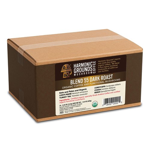 Harmonic Grounds Organic Mushroom Coffee Pods - Dark Roast Coffee with Lion's Mane, Reishi, Chaga, Cordyceps & Turkey Tail - Compatible with Keurig K-Cup Brewers - 34 Count