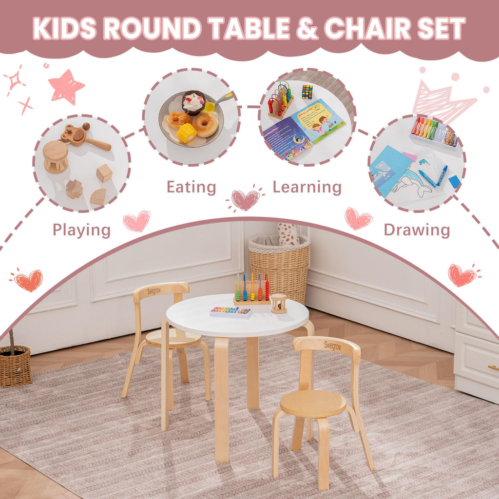 Swegrow Kids Table and 2 Chairs Set, Wooden Table and Chairs for Kids & Toddler，Kid Wooden Furniture for Playroom/Home/Kindergarten