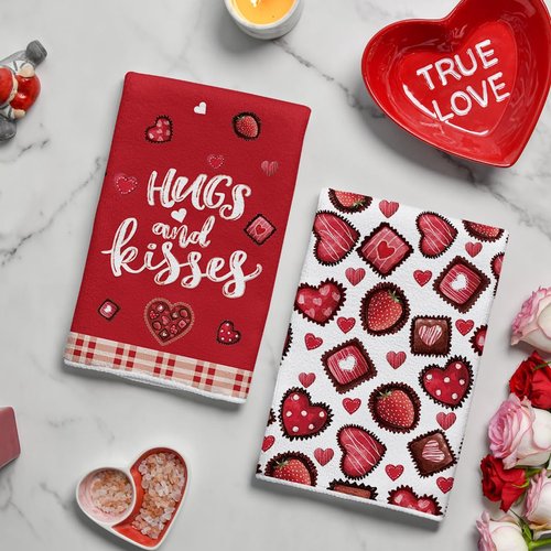 Artoid Mode Strawberry Chocolate Love Heart Valentine's Kitchen Towels Dish Towels, 18x26 Inch Wedding Anniversary Decoration Cleaning Set of 4
