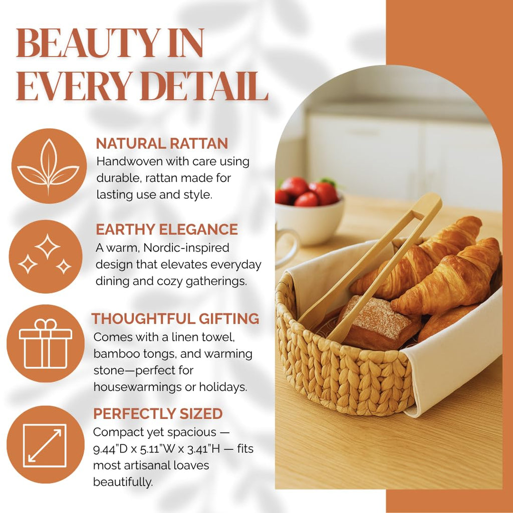 Premium Bread Basket with Warmer – Woven Serving Basket with Terracotta Warming Stone & Tongs, Keeps Bread Warm Longer, Modern Table Basket for Bread, Rolls & Tortillas, Mothers day, Mothers day gift