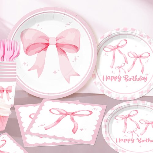 180pcs Coquette Birthday Decorations Include Coquette Plates and Napkins Set Banner Hanging Balloon Tablecloth Cake Topper Cupcake Toppers, for Girls Pink Bow Birthday Party Decorations, Serves 25