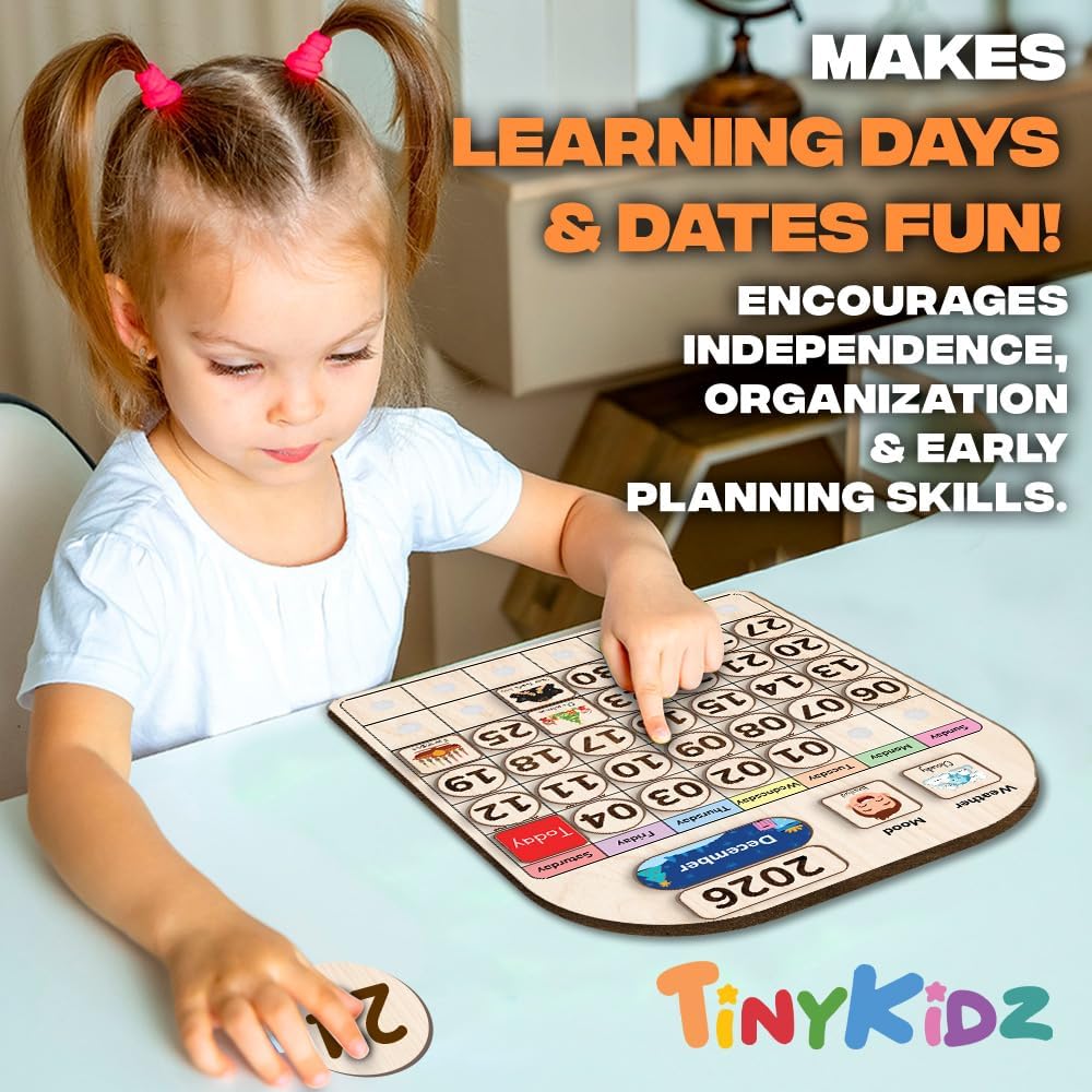 TinyKidz Wooden Calendar - Educational Toddler Calendar for Home & Classroom | Months & Days Learning Tool