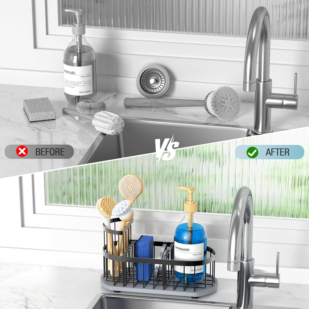 Stay-Dry Sponge Holder | Rustproof Stainless Steel Kitchen Sink Caddy with Water Absorbing Stone Tray - Black