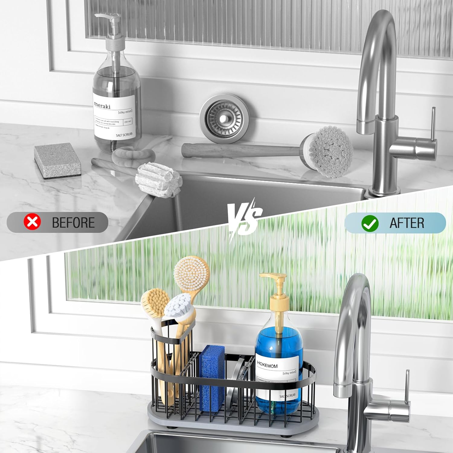 Stay-Dry Sponge Holder | Rustproof Stainless Steel Kitchen Sink Caddy with Water Absorbing Stone Tray - Black