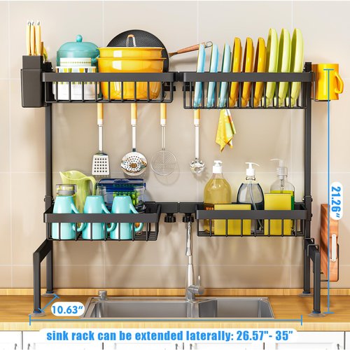 ARSTPEOE 2 Tiers 4 Baskets (one More Than Others) Over The Sink Dish Drying Rack,fits All Sinks (from 24.8" to 35.4"),2-Tier Adjustable Sink Rack,Dishes Rack Kitchen Storage Organizer Space Saving