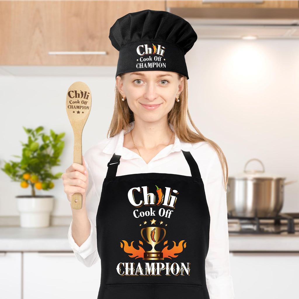 XLSXEXCL 3 Pcs Chili Cook-off Prizes, Funny Chili Cook-Off Champion Apron Adjustable Chili Cook-off Champion Hat Chef Hat and Wood Spoon, Funny Chili Cook-off Trophies Gifts for Chili Festivals
