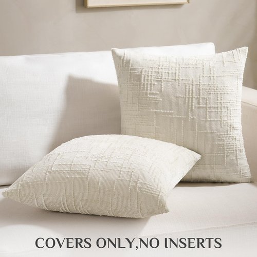 Softalker Spring 18x18 Inch Chenille Throw Pillow Covers - Cream White Set of 2, Accent Farmhouse Decorative Textured Neutral Boho Pillow Cases Easter for Couch Sofa Bed Living Room, Home Decor