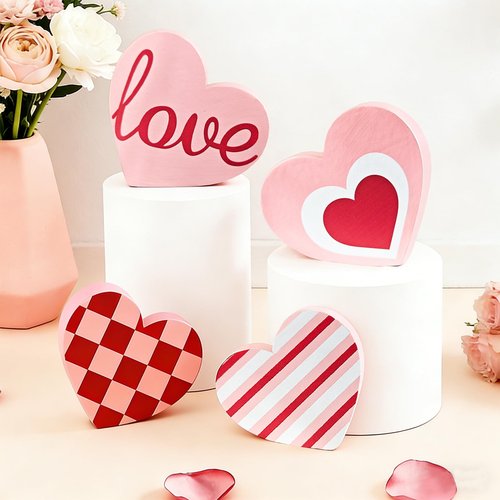 Cherica Valentines Day Decorations Wooden Signs，Heart Shaped Decor for Galentines,Romantic Valentines Day Decortions for Home,Tiered Tray,Shelf,Mantel,Party in 4 Styles