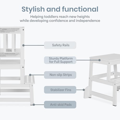 Dream On Me 2-in-1 Funtastic Tower and Step Stool, Toddler Step Tower for Learning & Play, Safety Rails, Anti-Skid Pads, Non-Slip Strips & Stabilizer Fins for Safe Counter Activities - White