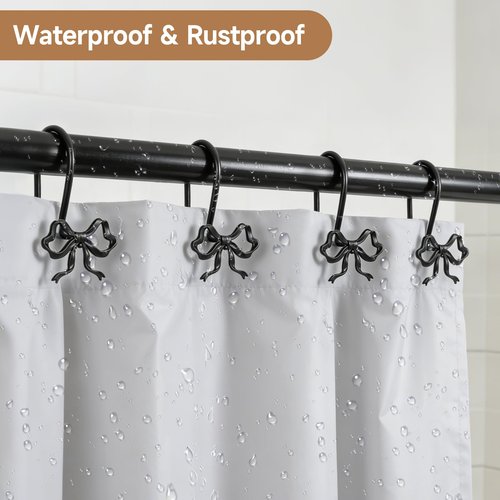 12 Pack Elegant Bow Shower Curtain Hooks, Black Metal Rustproof Decorative Shower Curtain Hooks, Shower Curtain Hangers for Bathroom Art Decor