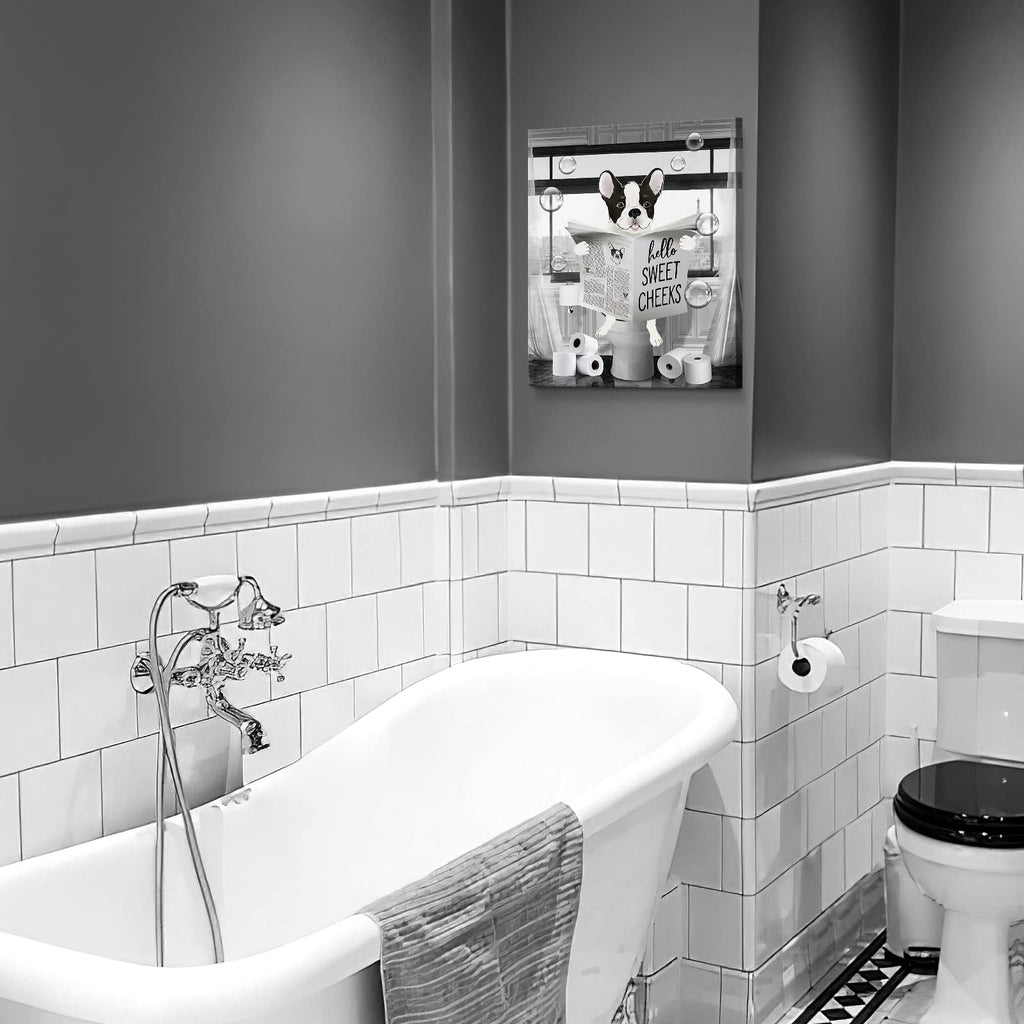 Parylore Funny Bulldog Wall Art Black and White Dog Bathroom Print Farmhouse Bathroom Animals Wall Decor Dog Sitting in Toilet Reading Newspaper Painting Framed Artwork for Toilet Bathroom 16x24 inch