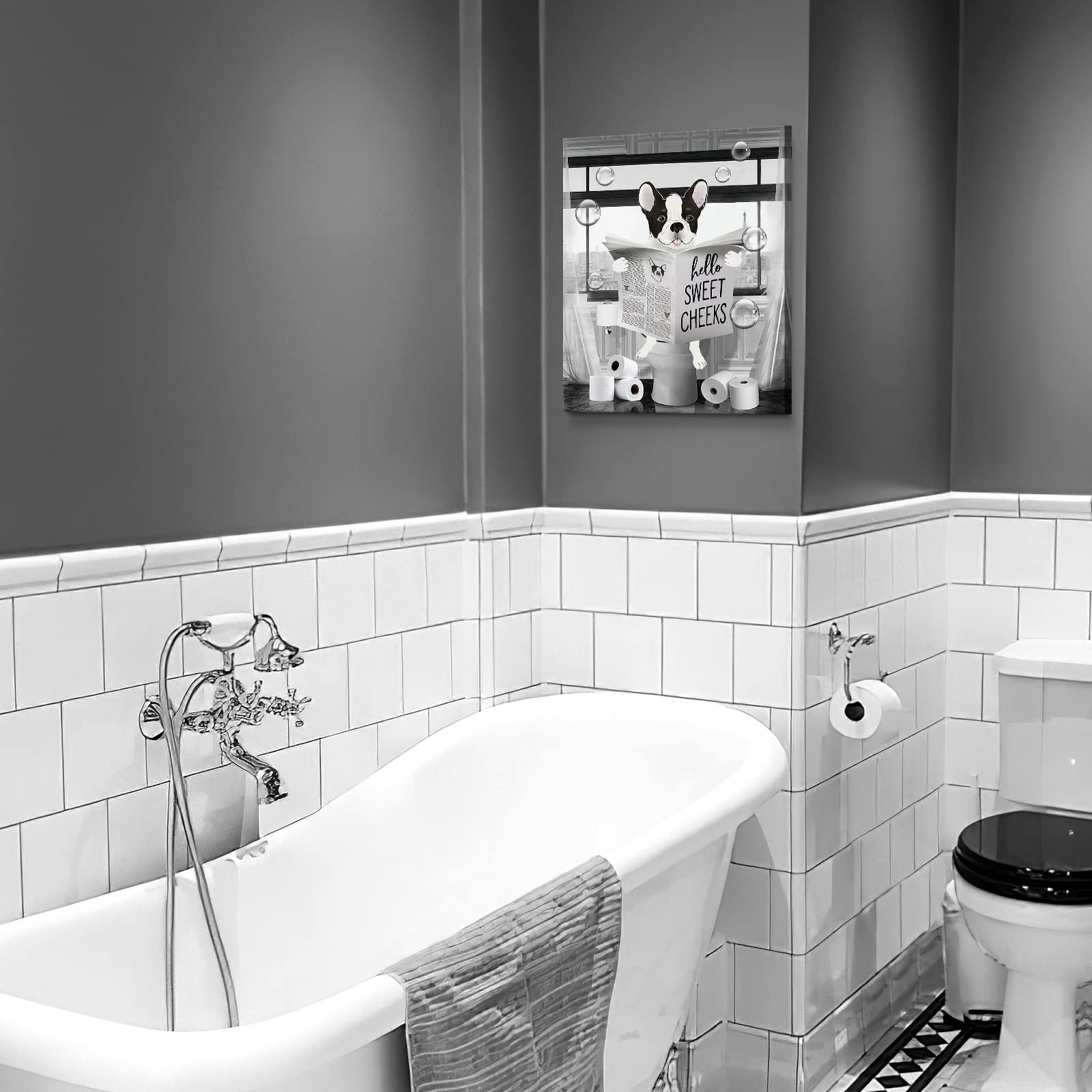 Parylore Funny Bulldog Wall Art Black and White Dog Bathroom Print Farmhouse Bathroom Animals Wall Decor Dog Sitting in Toilet Reading Newspaper Painting Framed Artwork for Toilet Bathroom 16x24 inch