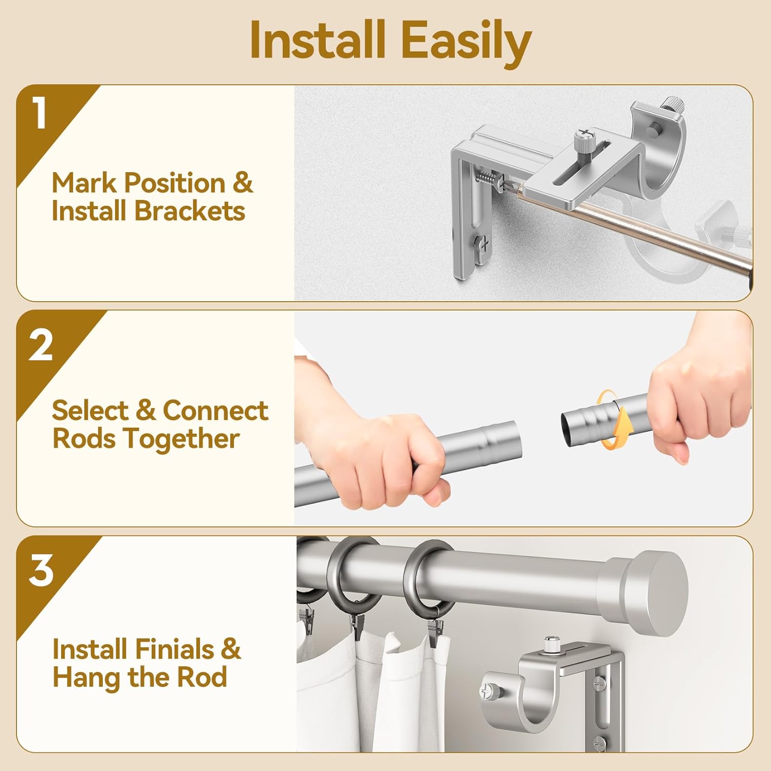 YaFex Curtain Rods - Heavy Duty 1 Inch Adjustable Window Treatment Rods | 32-84 Inch, Silver Finish