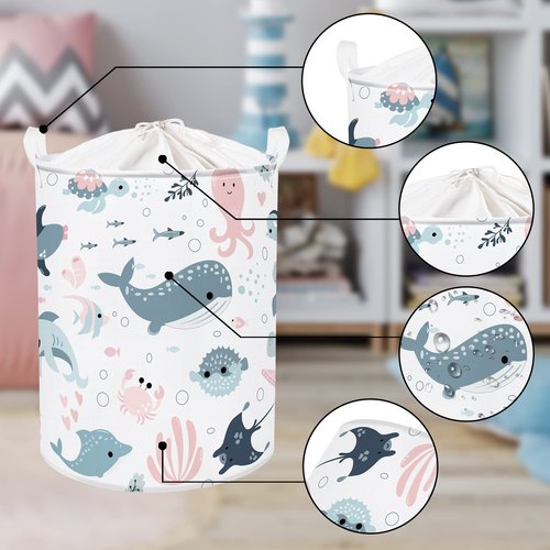 Clastyle Marine Animals Bubbles Kid Laundry Basket with Lid Foldable Sea Shark Dirty Clothes Hamper Round Toy Clothes Pool Beach Towel Basket, Pink Mermaid, 36 * 45 cm