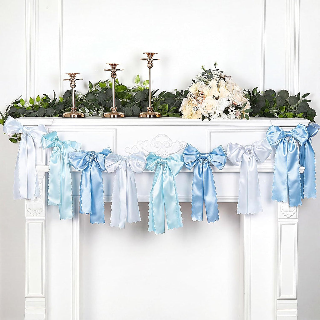 VitalCozy Blue Bow Garland - Pre-Strung Satin Ribbon Decor for Bridal Showers & Birthday Parties