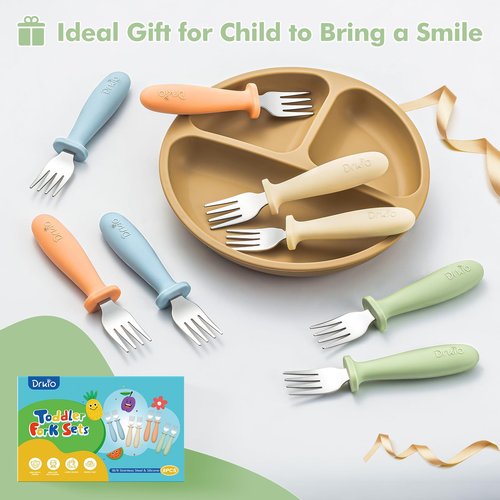 DRKIO 8 Pieces Toddler Forks Set - Baby Forks with Silicone Handle Children safe 18/8 Stainless Steel Toddler Utensils Set for Self Feeding Kids Silverware Anti-Choke Design Food Grade Dishwasher Safe