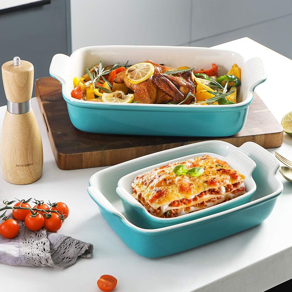 Sweejar Baking Pans Set - Durable Ceramic 9x13 Baking Dish with Handle | 3-Piece Casserole Bakeware Set in Turquoise