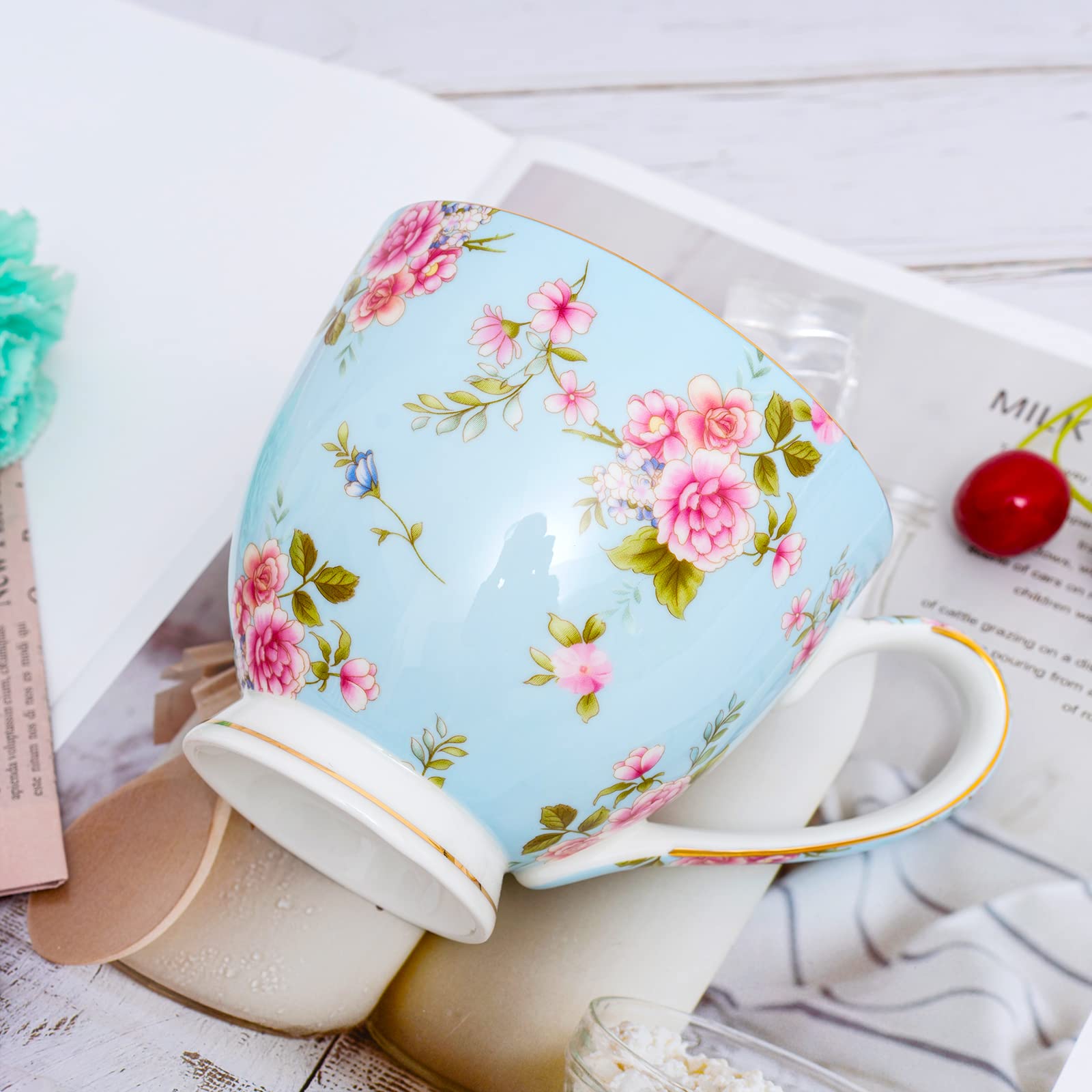 YUESITE 16oz Bone China Coffee Mugs for Women Mugs Flora Coffee Tea Cups Novetly Coffee Cups Gift for Women Mom Friends
