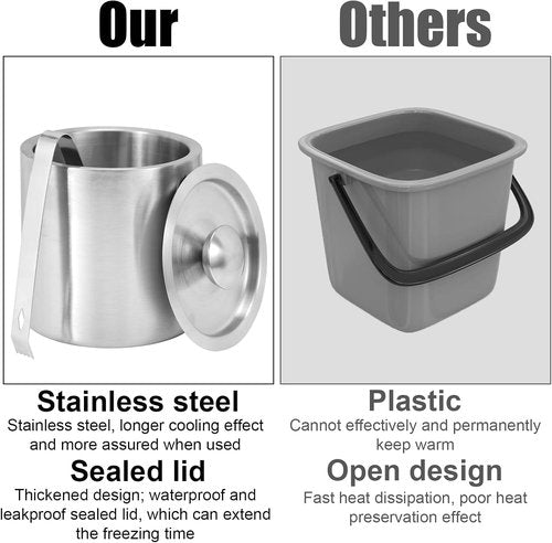 1.3L Stainless Steel Ice Bucket with Lid and Tongs, Small Double Wall Ice Pail Chill Container for Cocktails, Beer, Wine, Champagne, Keep Drinks Frozen Longer at Home, Bars, Parties, Outdoor