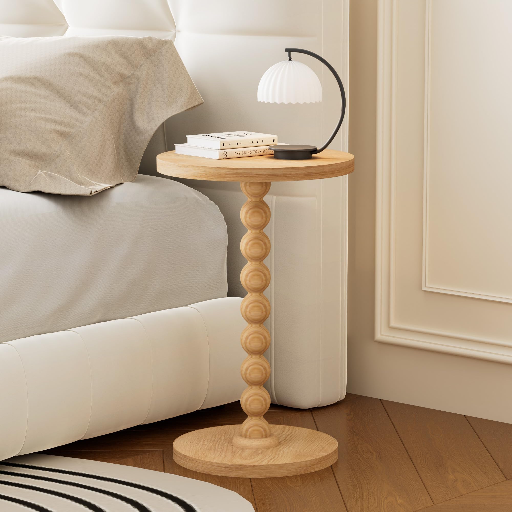 TEROL Round Side Table, Drink Table for Small Spaces, Modern Accent Nightstand with Rubberwood Leg for Living Room, Bedroom, Corners, and Office (Natural)