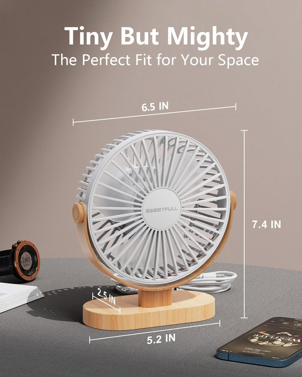 Sweetfull USB Desk Fan - 6.5 Inch Portable Mini Fan with 3 Speeds & 360° Adjustment | Quiet Operation, White Wood Grain