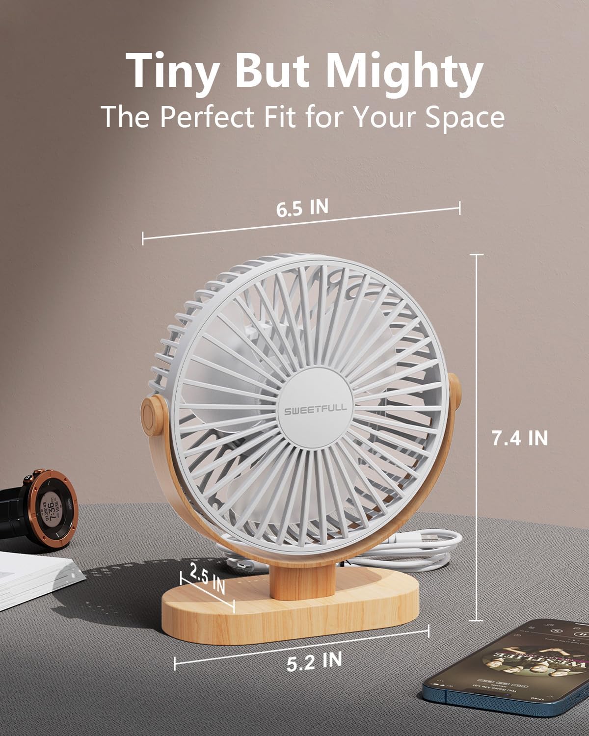 Sweetfull USB Desk Fan - 6.5 Inch Portable Mini Fan with 3 Speeds & 360° Adjustment | Quiet Operation, White Wood Grain