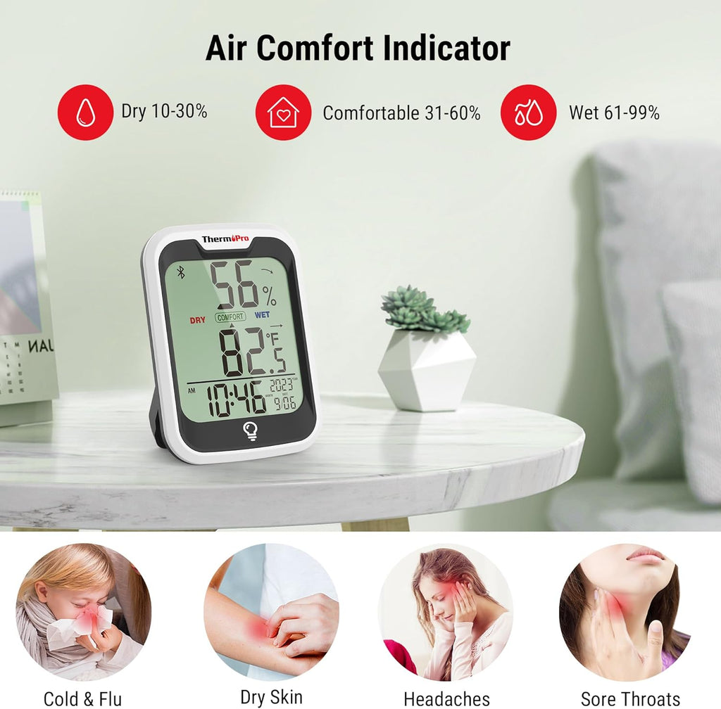ThermoPro TP358 Bluetooth Thermometer - Smart Temperature & Humidity Sensor with Clock | 260Ft Range