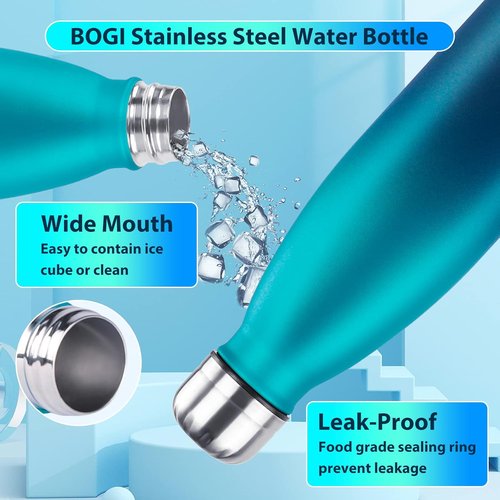 BOGI Insulated Water Bottle - 17oz Stainless Steel, Leak-Proof Design, Keeps Drinks Cold for 24 Hours | Blue