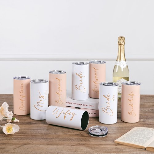 Ugiftcorner Bride Tribe Gifts Set of 4 Cups Bachelorette Party Favors Wedding Gifts for Bridesmaid Bride Stainless Steel Skinny Tumbler with Lid and Straw 15 OZ Pink