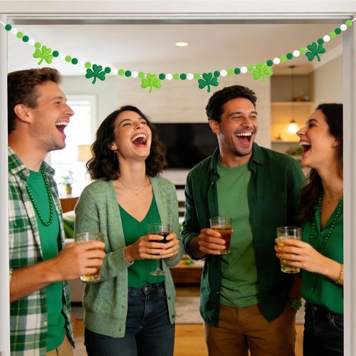 HEAEUNK St Patrick's Day Garland, Pre-Strung Felt Shamrock & Pom Pom Garland Banner, St Patricks Day Decorations for Mantle, Wall & Home
